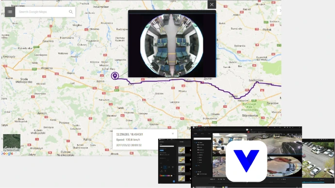 Imagem de um mapa com algumas telas do VSS da VIVOTEK abertos para mostrar o Rastreamento Georreferenciado de Alta Precisão (GPS/GLONASS).